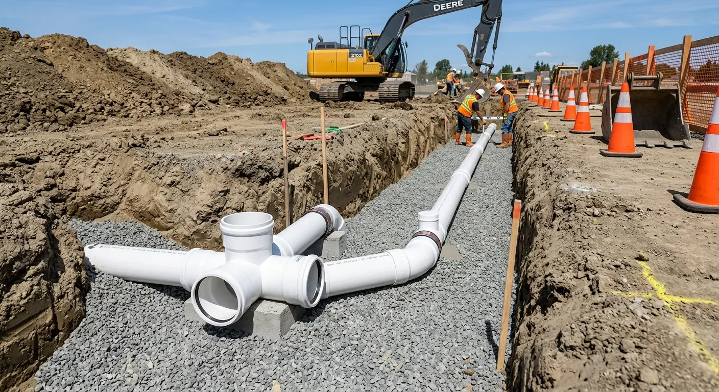New PVC sewer pipe installation in open trench for Sewer Backup in West Milford
