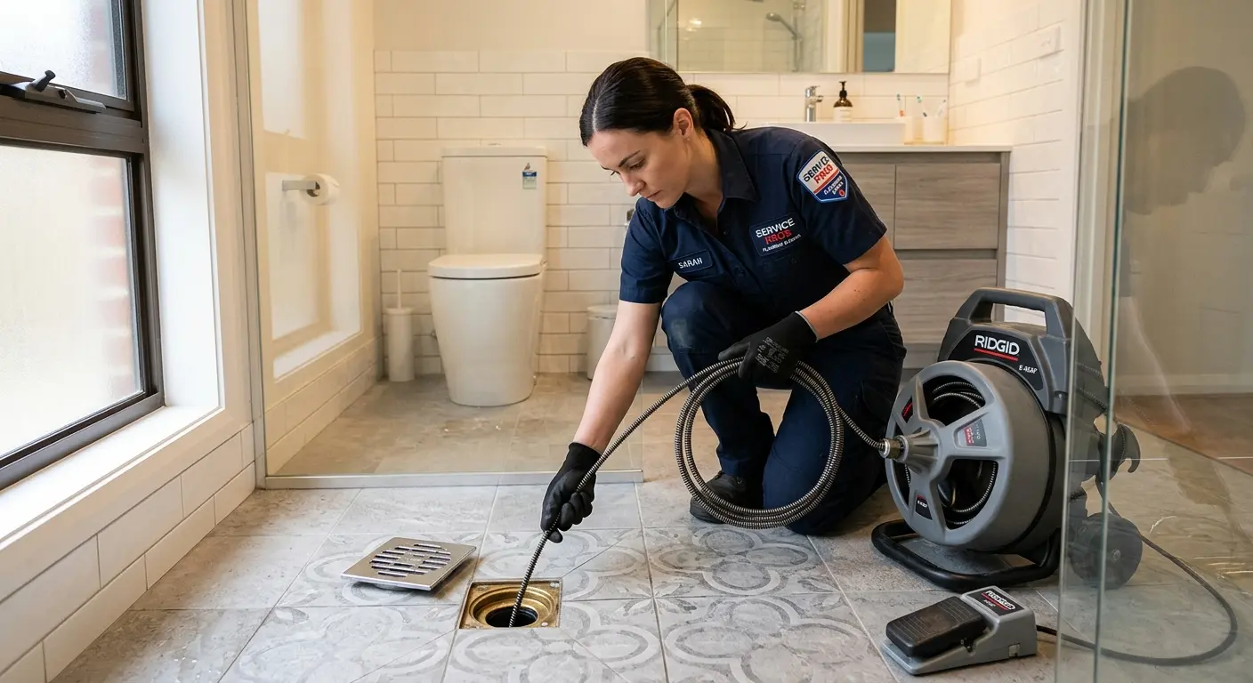 Technician clearing a bathroom floor drain for Drain Repair in West Milford